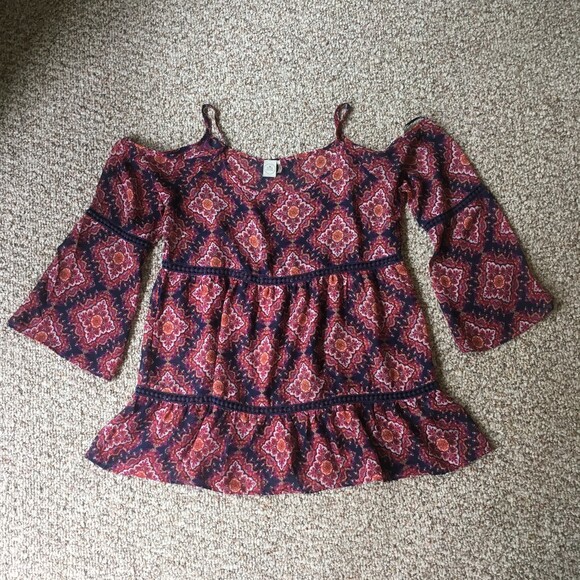 Paper Crane Cold Shoulder Blouse Top Sz M Boho Sheer Peasant Bell Sleeve Tiered - Picture 1 of 10